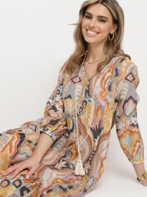 Żółto-Brązowa Rozkloszowana Sukienka z Ozdobnym Wiązaniem przy Szyi i Rękawem 3/4 Dennia rosa