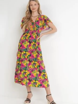 Żółto-Fuksjowa Wiskozowa Sukienka Maxi w Kwiaty z Gumką w Talii i Kopertowym Dekoltem Trelline j&x