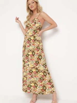 Żółto-Zielona Sukienka z Wiskozy na Cienkich Regulowanych Ramiączkach z Gumką w Pasie Bellamoon cflo
