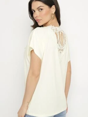 Żółty Bawełniany T-shirt Nietoperz z Perłami i Koronką Eleziria emt