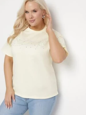 Żółty Bawełniany T-shirt z Ozdobnym Napisem i Cyrkoniami Olisandra emt