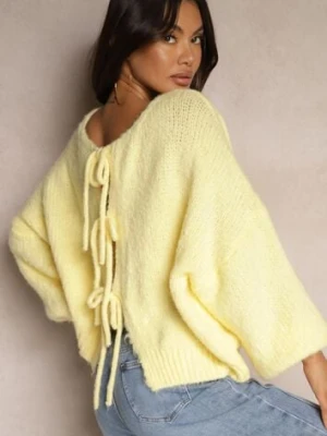 Żółty Kardigan z Wełną o Kroju Oversize z Wiązanymi Kokardami Elearina jumelle