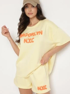 Żółty Komplet Oversize z Wiskozą T-shirt i Szorty z Nadrukiem Liravella jumelle