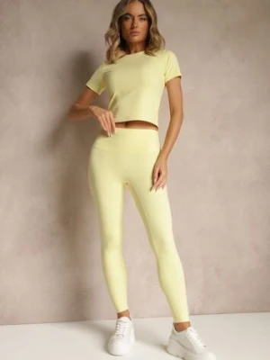Żółty Komplet Sportowy Legginsy i T-shirt o Dopasowanym Kroju Silanessa