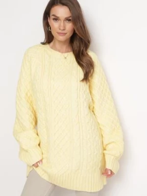 Żółty Sweter o Wydłużonym Fasonie z Modnym Splotem Ahexa