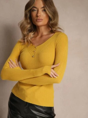 Żółty Sweter z Dzianiny w Prążki z Dekoltem w Serek i Aplikacjami Rallenia glo-story