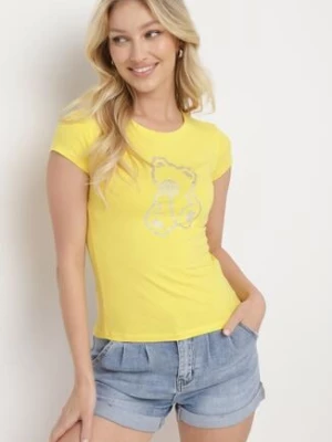 Żółty T-shirt Bawełniany Ozdobiony Cyrkoniami Heronia
