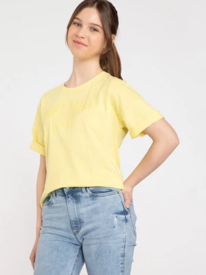 Żółty t-shirt z ozdobnym nadrukiem
