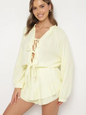 Żółty Wiązany Bawełniany Kombinezon Boho z Falbankami i Wiązaniem Lalelia jumelle