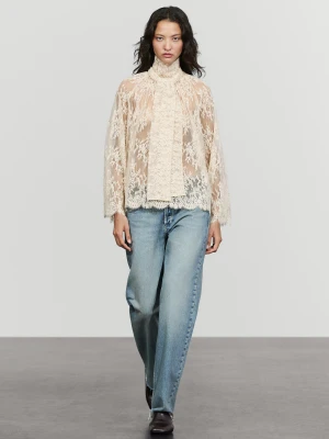 Zwiewna Koronkowa Bluzka Z Wiązaniem - Beżowy - Massimo Dutti - Female