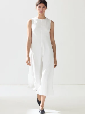 Zwiewna Sukienka Średniej Długości Z Lnu - Biały - Massimo Dutti - Female