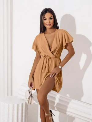 Zwiewna sukienka z kopertowym dekoltem ALICJA - ciemny beż  magmac 
