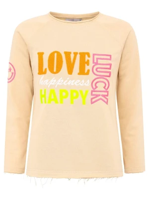 Zwillingsherz Koszulka "Love Luck Happy" w kolorze beżowym ze wzorem rozmiar: L/XL