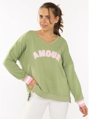 Zwillingsherz Sweter "Amour" w kolorze zielono-jasnoróżowym rozmiar: L/XL