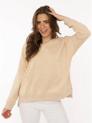 Zwillingsherz Sweter "Happiness Vibes" w kolorze beżowym rozmiar: S / M